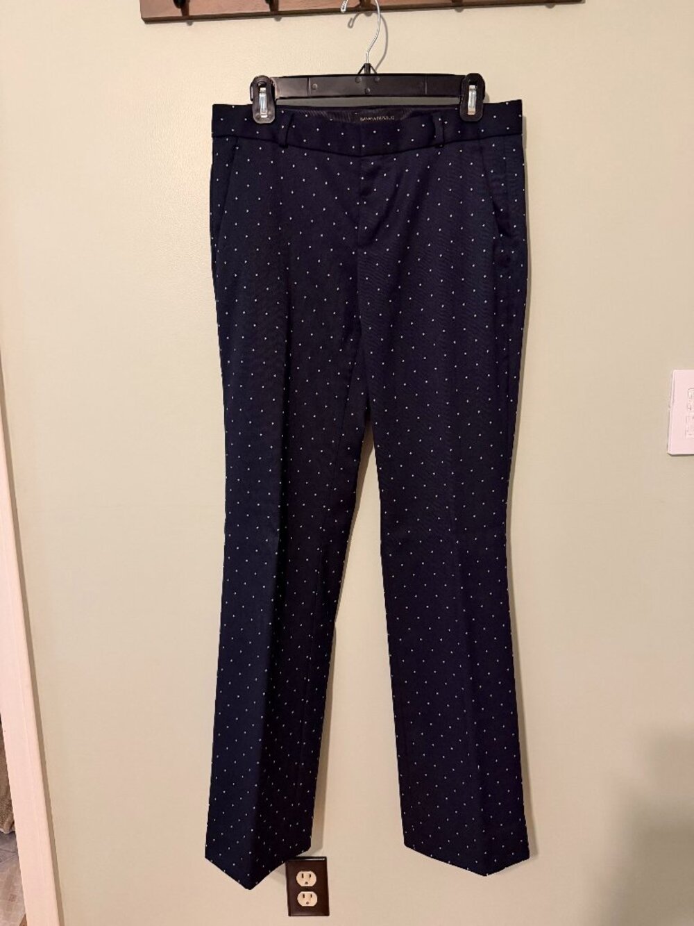Navy Banana Republic trousers with tiny white dots